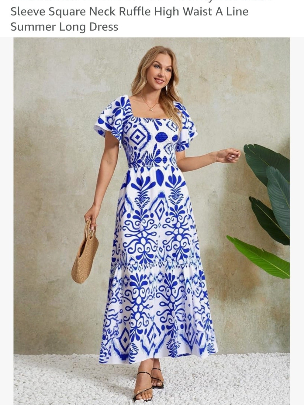 Make Me Chic.Blue & White Square Neck Ruffle Sleeve Maxi Dress